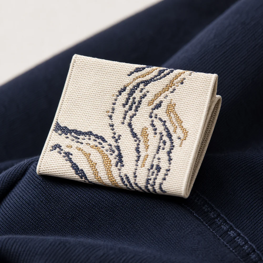 Lacivert ve altın desenli dokuma etiket yakın planı